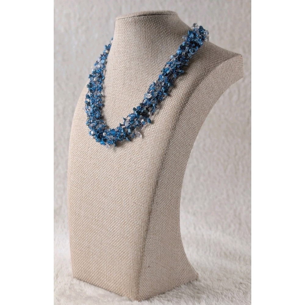 Blue Glass Chip Multi Strand Statement Necklace Boho Artisan Button‎ Clasp